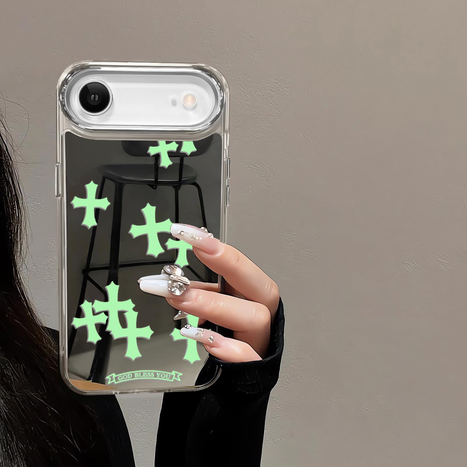 Compatible with iPhone 15 Pro Max Cute Glossy Mirror Back Case,Cross Pattern,Senior Shockproof Protection for iPhone 15 Pro Max Case for Women Girls-White
