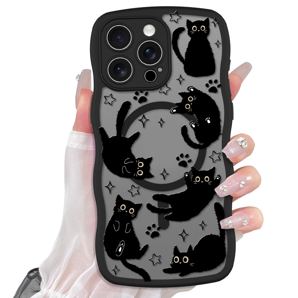 Cute Magnetic Case for iPhone 14 Case [ Compatible with MagSafe ] with Black Cat Cats Pattern Design for Women Girls Boys, Soft Bumper Hard Back Kawaii Animal Protective Phone Cover