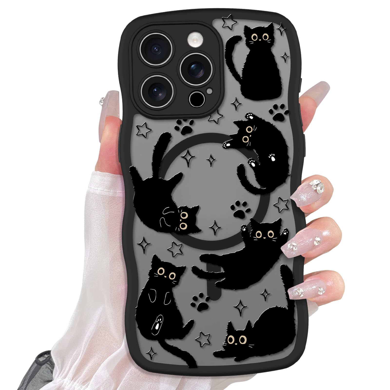 Cute Magnetic Case for iPhone 14 Case [ Compatible with MagSafe ] with Black Cat Cats Pattern Design for Women Girls Boys, Soft Bumper Hard Back Kawaii Animal Protective Phone Cover