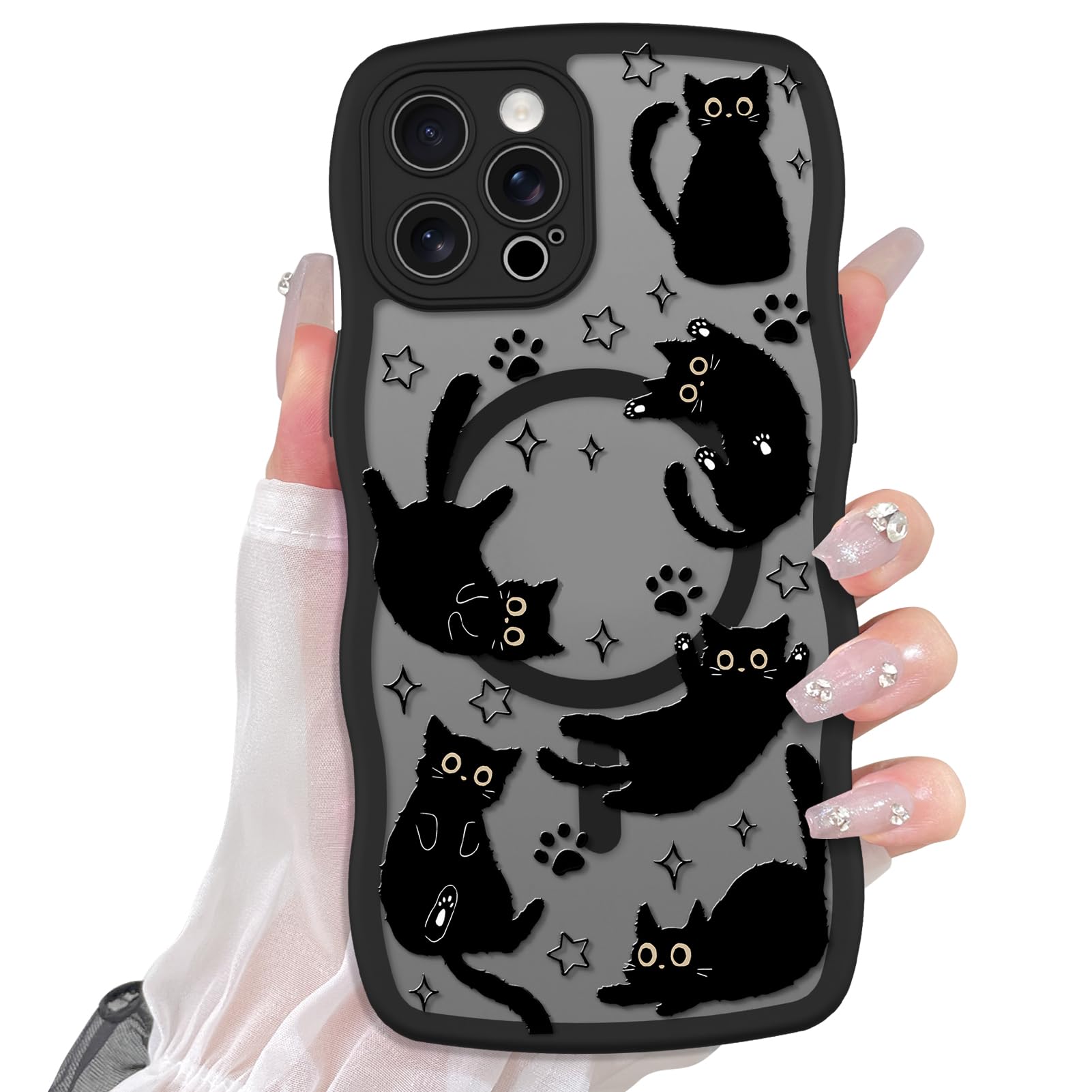Cute Magnetic Case for iPhone 14 Case [ Compatible with MagSafe ] with Black Cat Cats Pattern Design for Women Girls Boys, Soft Bumper Hard Back Kawaii Animal Protective Phone Cover