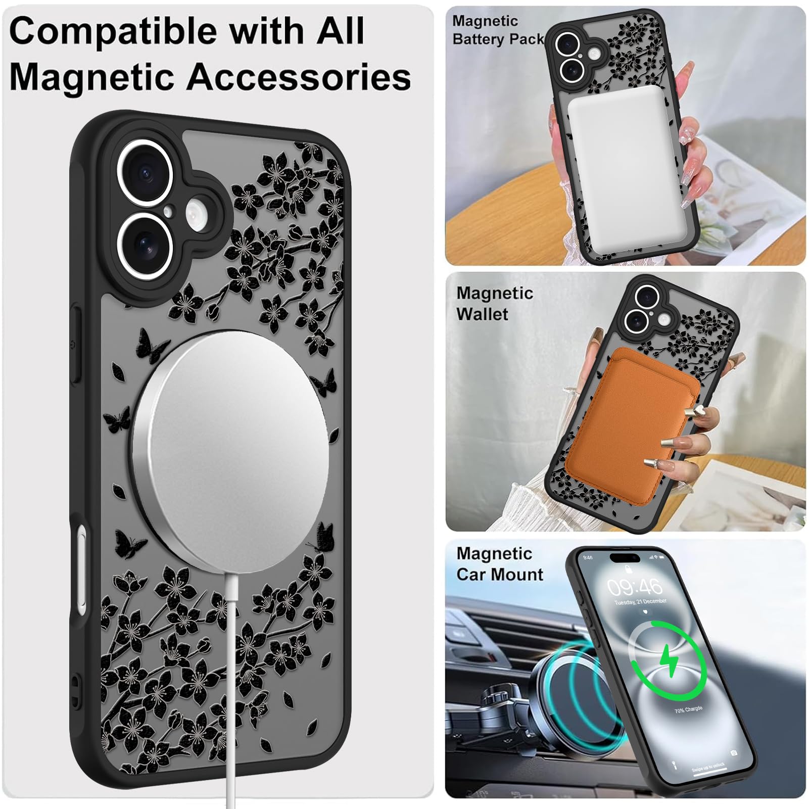 Cute Magnetic Case for iPhone 14 Case [ Compatible with MagSafe ] with Black Cat Cats Pattern Design for Women Girls Boys, Soft Bumper Hard Back Kawaii Animal Protective Phone Cover