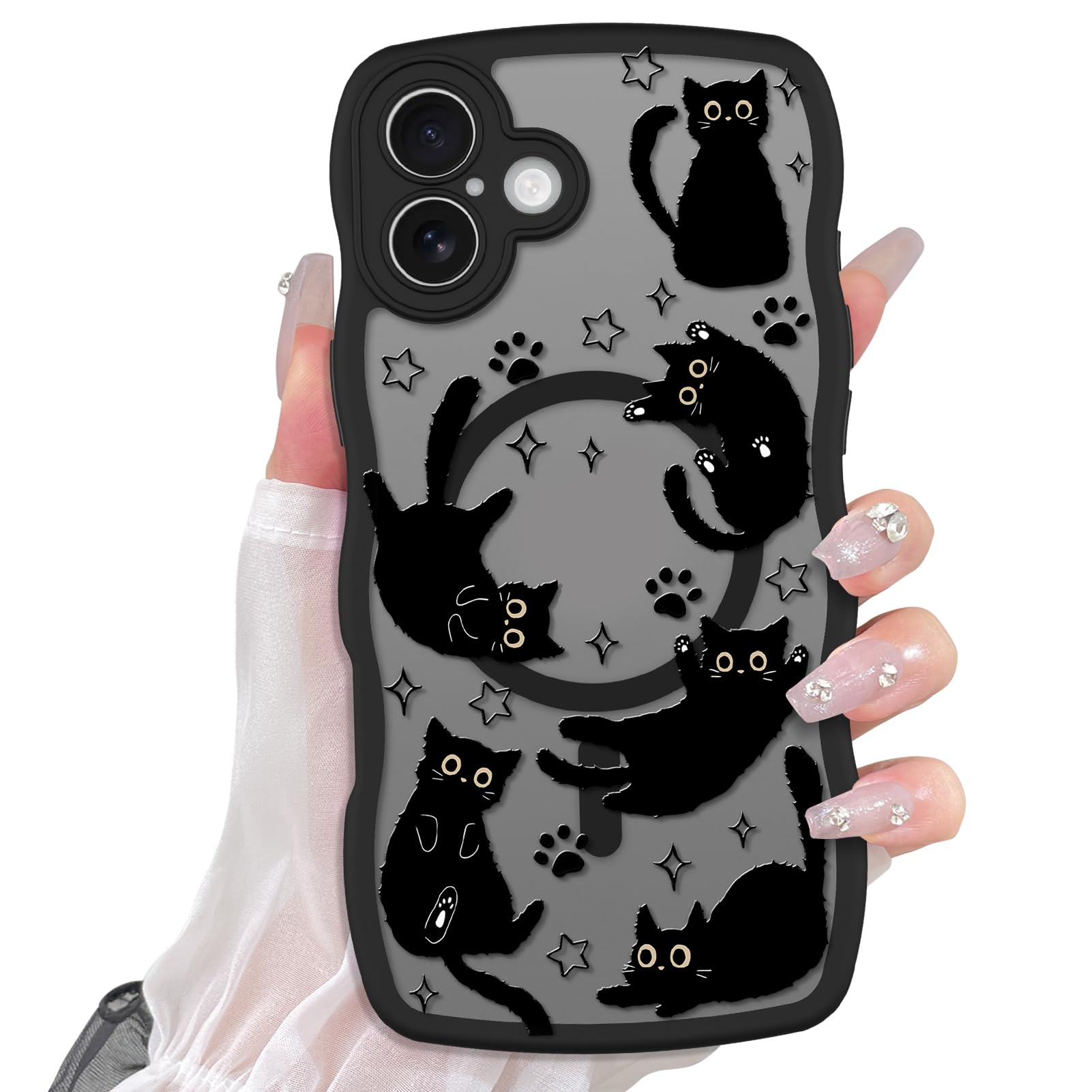 Cute Magnetic Case for iPhone 14 Case [ Compatible with MagSafe ] with Black Cat Cats Pattern Design for Women Girls Boys, Soft Bumper Hard Back Kawaii Animal Protective Phone Cover