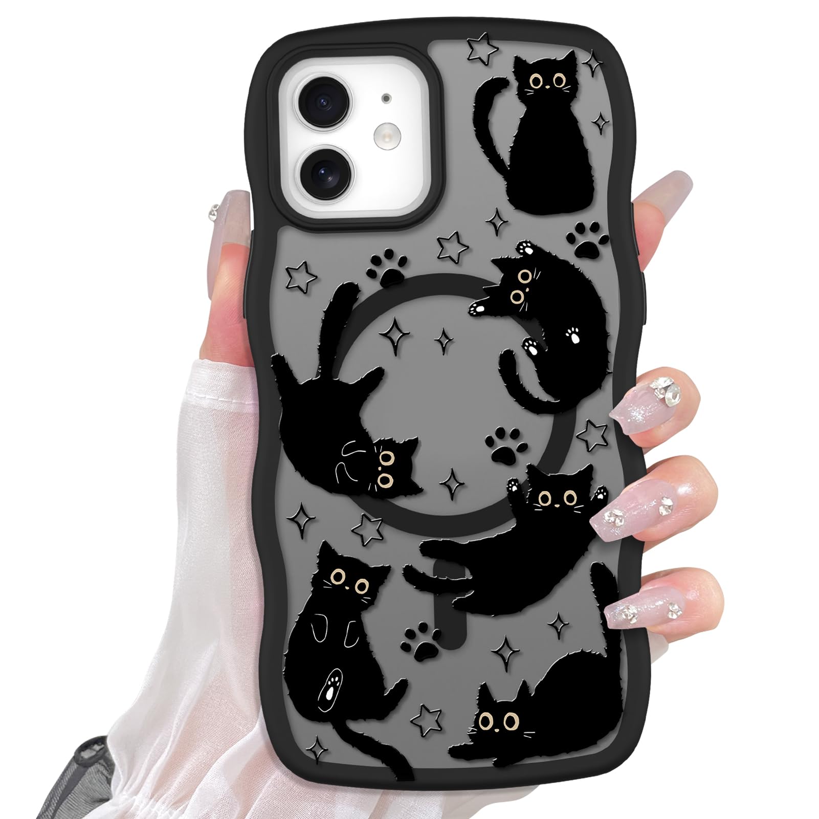Cute Magnetic Case for iPhone 14 Case [ Compatible with MagSafe ] with Black Cat Cats Pattern Design for Women Girls Boys, Soft Bumper Hard Back Kawaii Animal Protective Phone Cover
