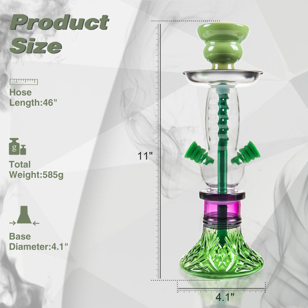 2-Hose Small Green Glass Hookah Set - Portable Water Shisha Pipe