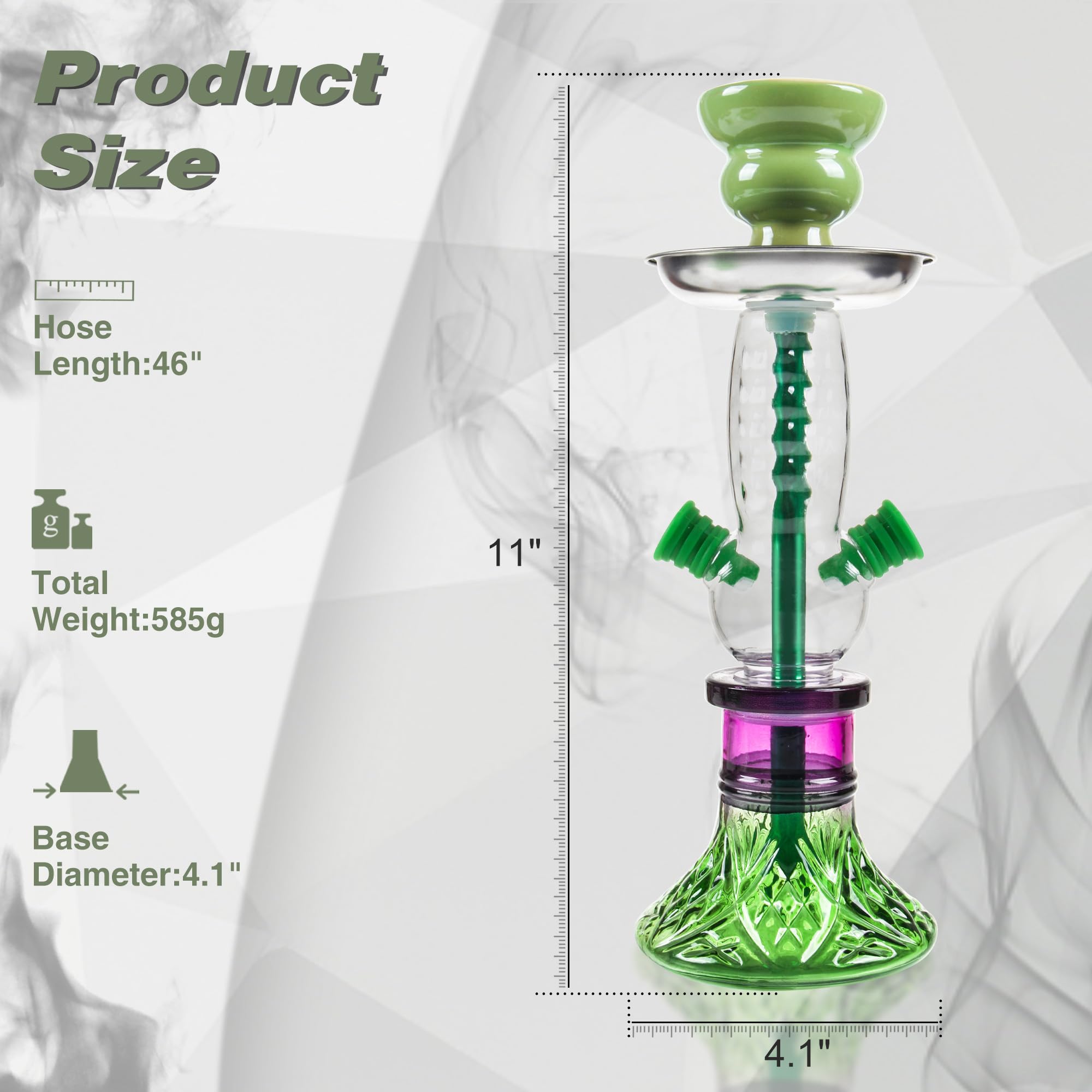 2-Hose Small Green Glass Hookah Set - Portable Water Shisha Pipe