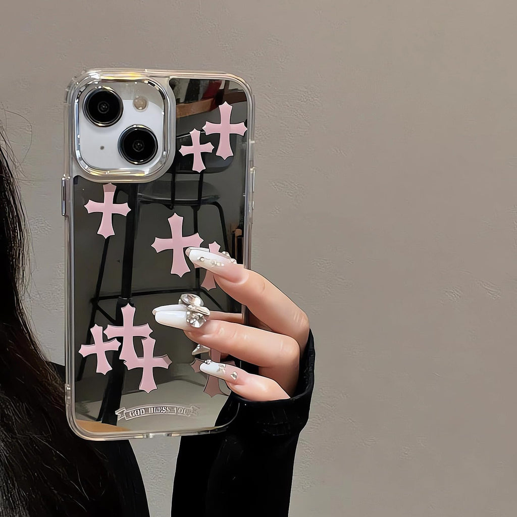 Compatible with iPhone 15 Pro Max Cute Glossy Mirror Back Case,Cross Pattern,Senior Shockproof Protection for iPhone 15 Pro Max Case for Women Girls-White