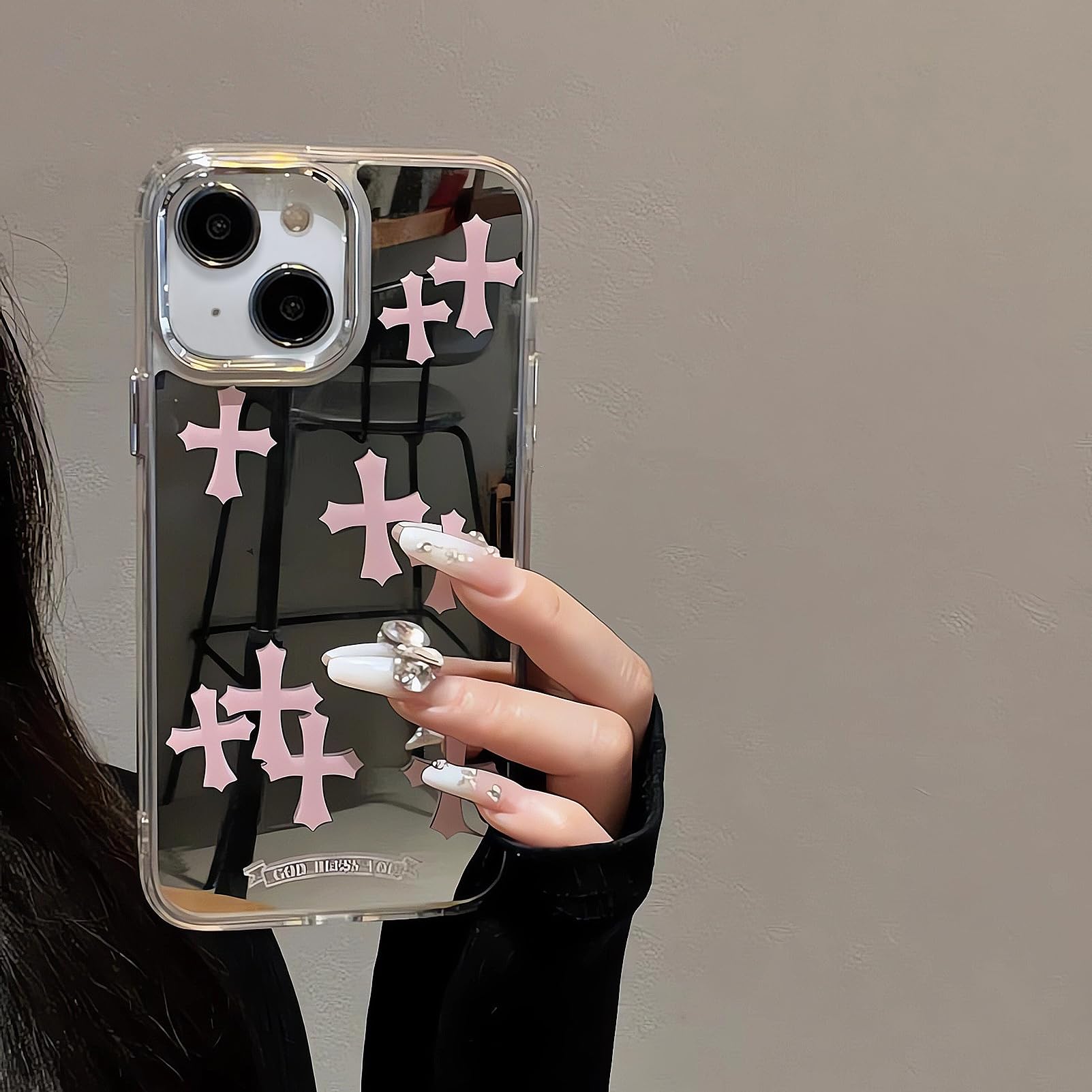 Compatible with iPhone 15 Pro Max Cute Glossy Mirror Back Case,Cross Pattern,Senior Shockproof Protection for iPhone 15 Pro Max Case for Women Girls-White