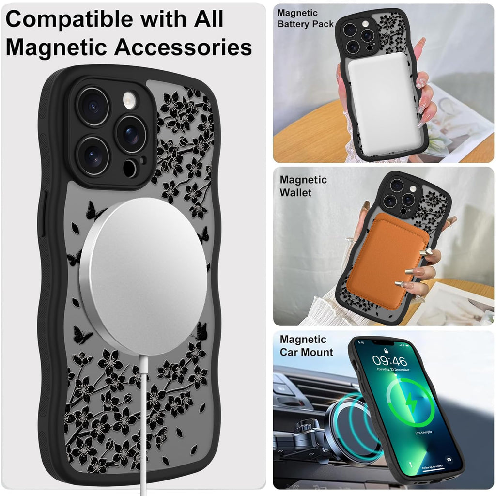 Cute Magnetic Case for iPhone 14 Case [ Compatible with MagSafe ] with Black Cat Cats Pattern Design for Women Girls Boys, Soft Bumper Hard Back Kawaii Animal Protective Phone Cover