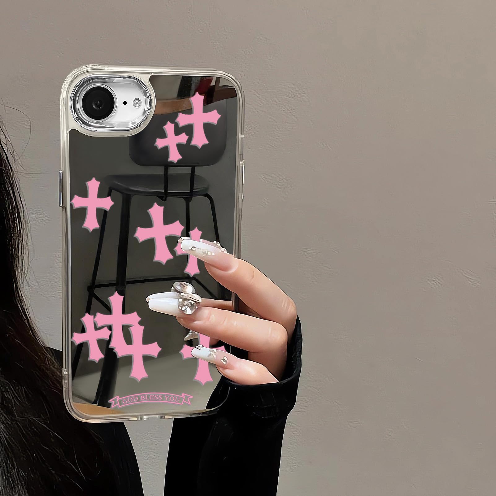 Compatible with iPhone 15 Pro Max Cute Glossy Mirror Back Case,Cross Pattern,Senior Shockproof Protection for iPhone 15 Pro Max Case for Women Girls-White
