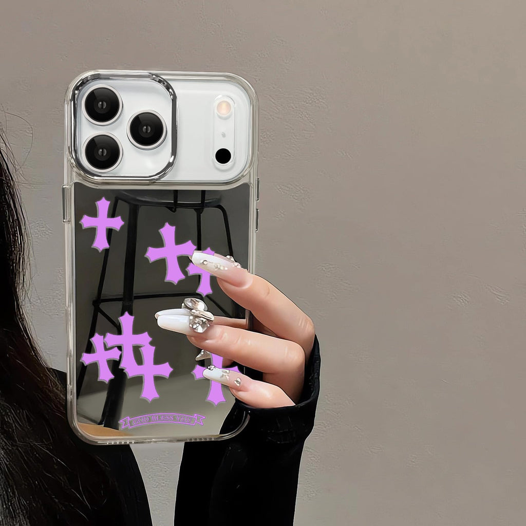 Compatible with iPhone 15 Pro Max Cute Glossy Mirror Back Case,Cross Pattern,Senior Shockproof Protection for iPhone 15 Pro Max Case for Women Girls-White