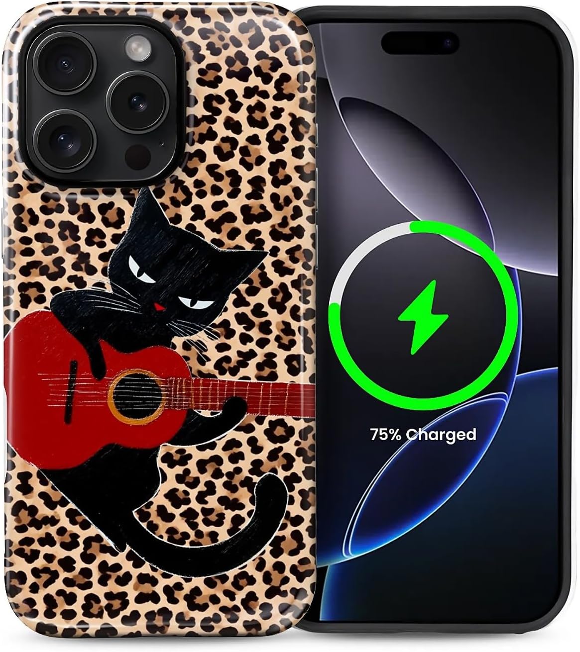 ZHEGAILIAN Magnetic Case for iPhone 15,Compatible with MagSafe Hard Shell + Soft Silicone 2 in 1 Hybrid Shockproof Bumper Drop Protective Case Retro Black Cat Guitar
