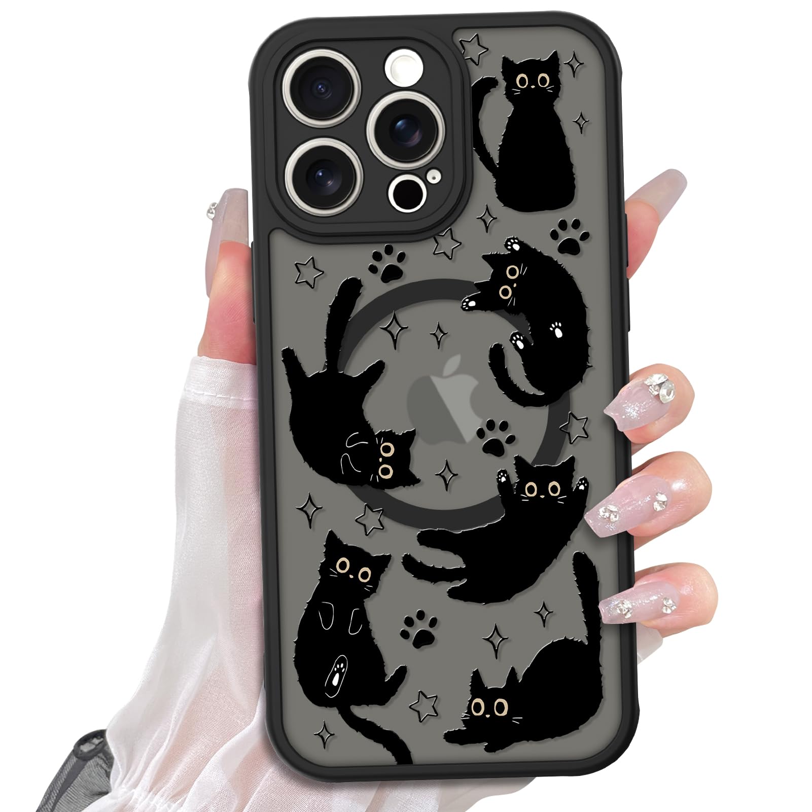 Cute Magnetic Case for iPhone 14 Case [ Compatible with MagSafe ] with Black Cat Cats Pattern Design for Women Girls Boys, Soft Bumper Hard Back Kawaii Animal Protective Phone Cover