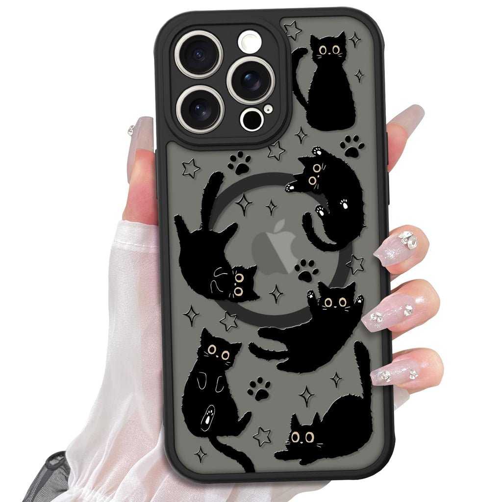 Cute Magnetic Case for iPhone 14 Case [ Compatible with MagSafe ] with Black Cat Cats Pattern Design for Women Girls Boys, Soft Bumper Hard Back Kawaii Animal Protective Phone Cover