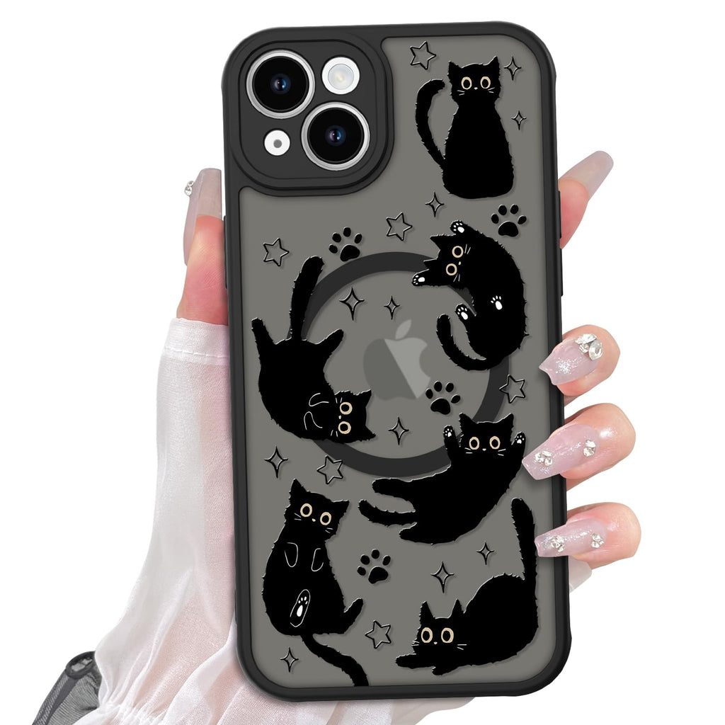Cute Magnetic Case for iPhone 14 Case [ Compatible with MagSafe ] with Black Cat Cats Pattern Design for Women Girls Boys, Soft Bumper Hard Back Kawaii Animal Protective Phone Cover