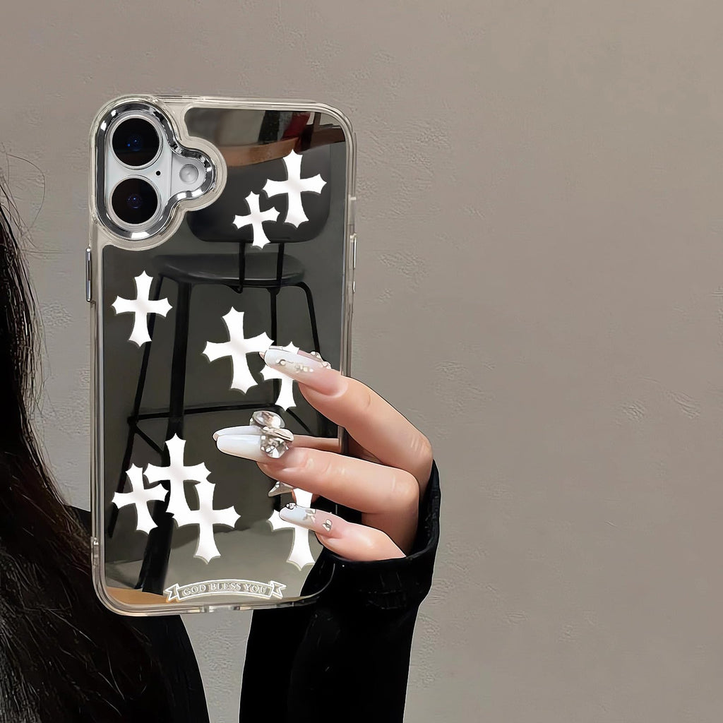 Compatible with iPhone 15 Pro Max Cute Glossy Mirror Back Case,Cross Pattern,Senior Shockproof Protection for iPhone 15 Pro Max Case for Women Girls-White