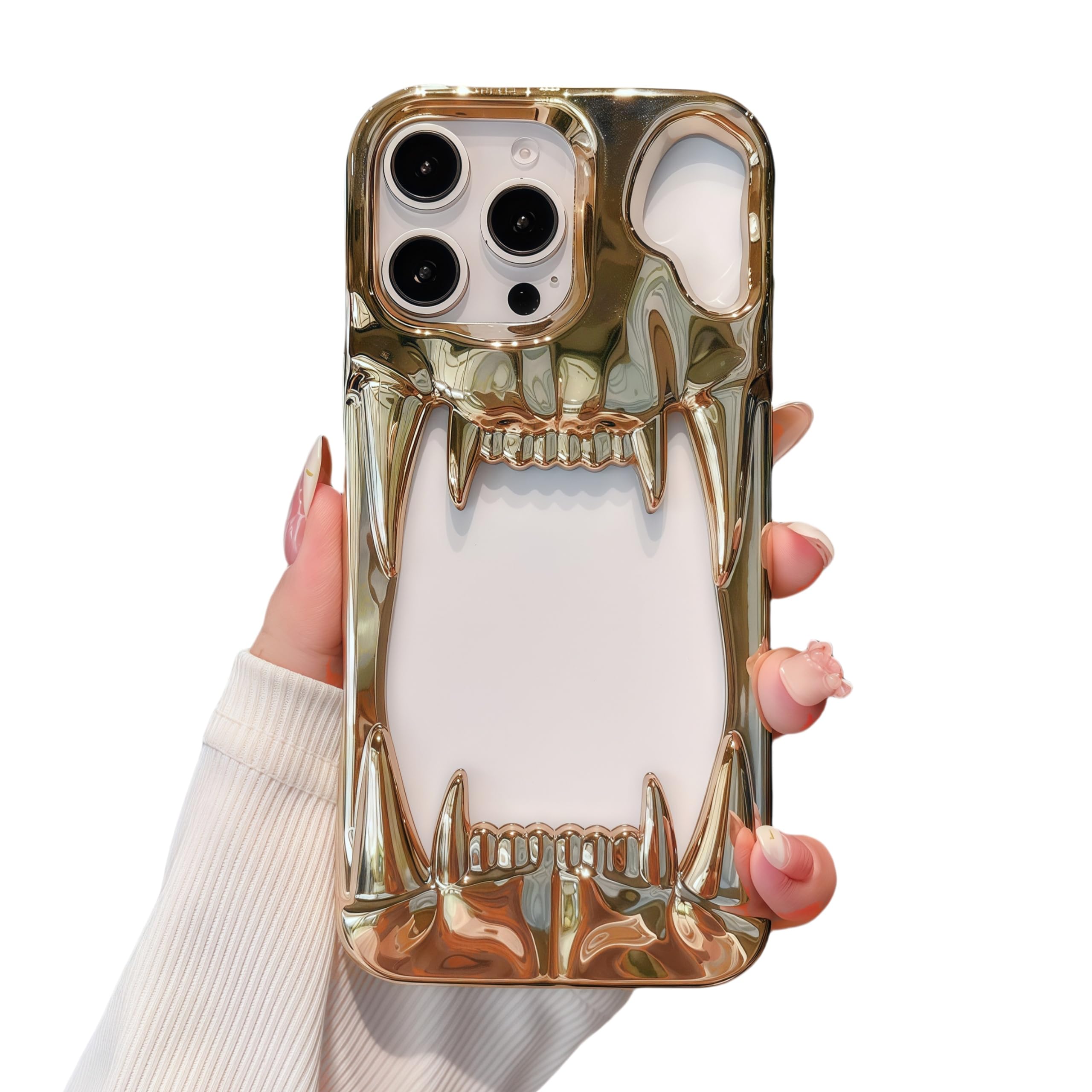 Gothic 3D Hollow Horror Devil Pattern Case for iPhone 16 Pro Max, [Luxury Chrome Color Plating] [Heat Dissipantion Thermal Design] Shockproof Bumper for Halloween- Silver