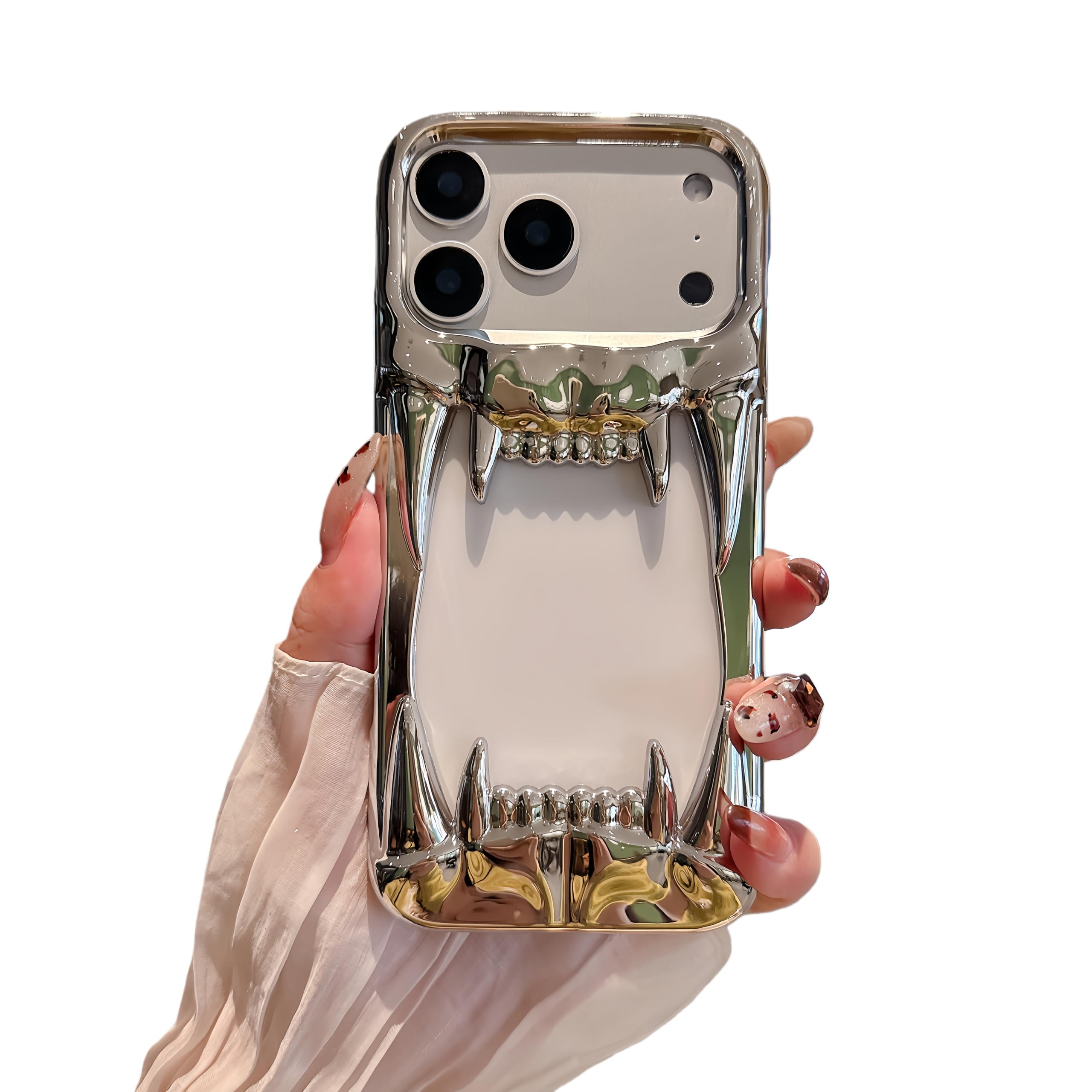 Gothic 3D Hollow Horror Devil Pattern Case for iPhone 16 Pro Max, [Luxury Chrome Color Plating] [Heat Dissipantion Thermal Design] Shockproof Bumper for Halloween- Silver