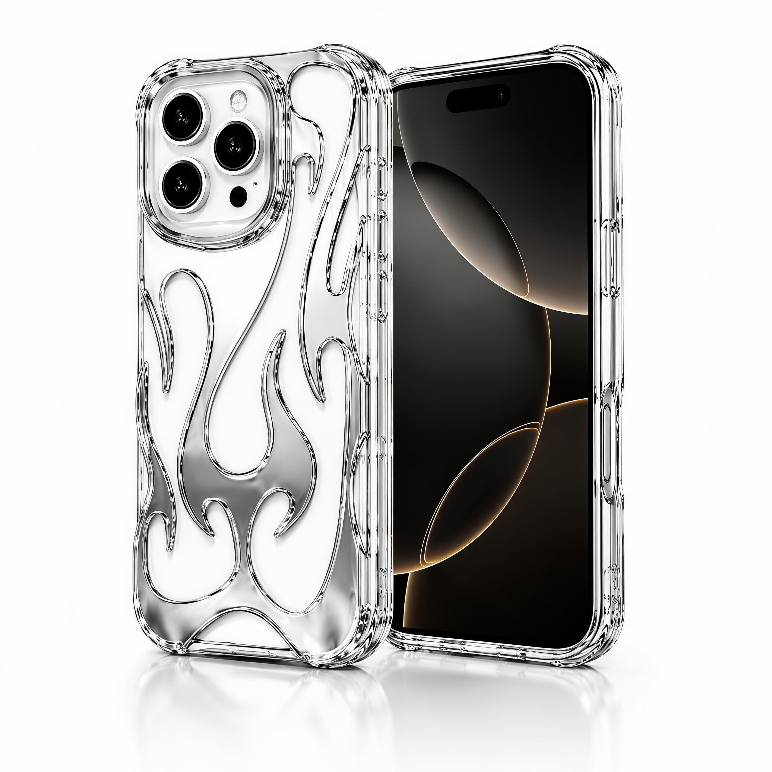 Gothic 3D Hollow Horror Devil Pattern Case for iPhone 16 Pro Max, [Luxury Chrome Color Plating] [Heat Dissipantion Thermal Design] Shockproof Bumper for Halloween- Silver