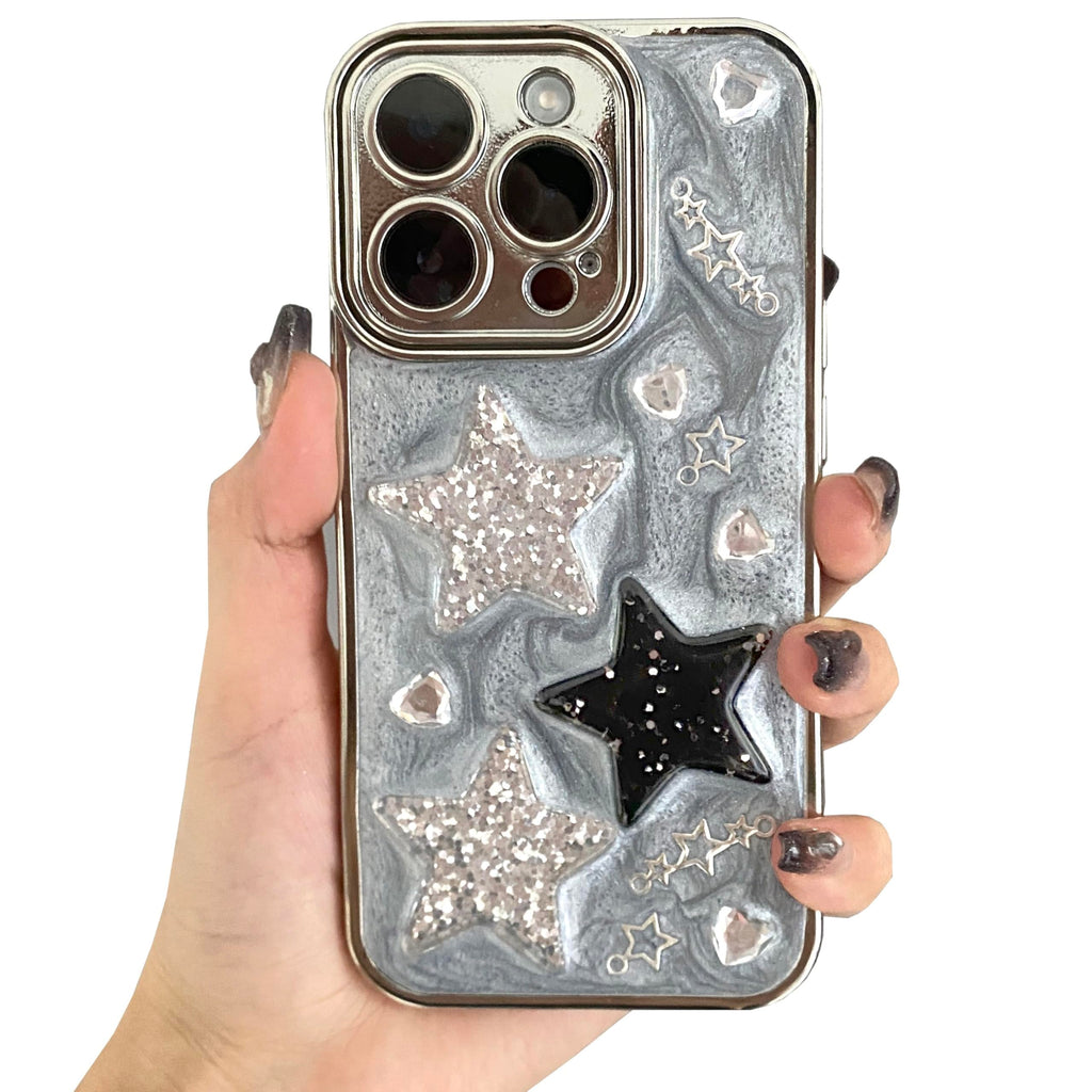 for iPhone 13 Case Bling Stars 3D Hearts Diamond Twinkle Star Glitter Y2K Spark Luxury Girly Aesthetic Personalized Design for Women Girls Teens TPU Case, 6.1", Black