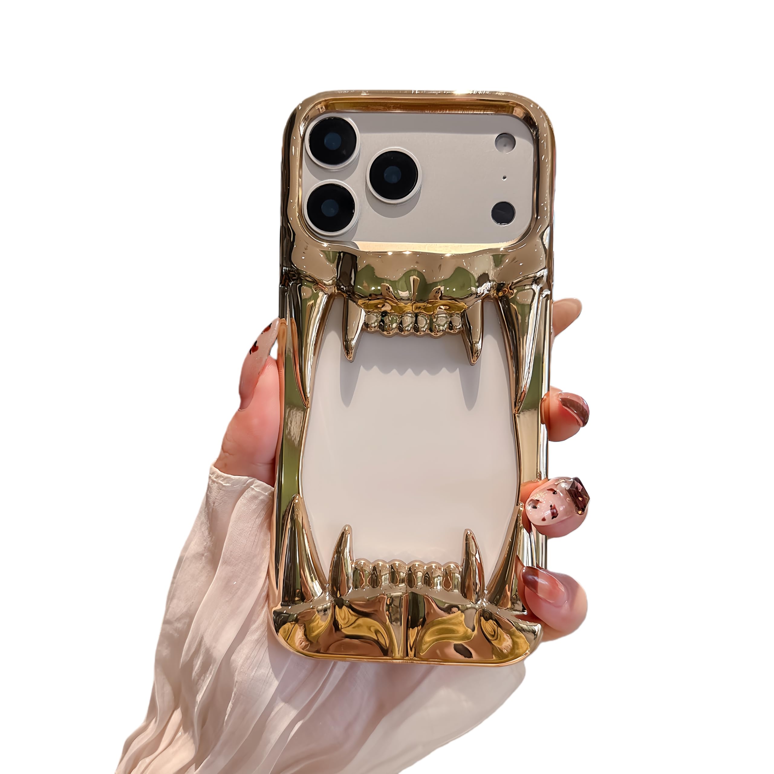 Gothic 3D Hollow Horror Devil Pattern Case for iPhone 16 Pro Max, [Luxury Chrome Color Plating] [Heat Dissipantion Thermal Design] Shockproof Bumper for Halloween- Silver