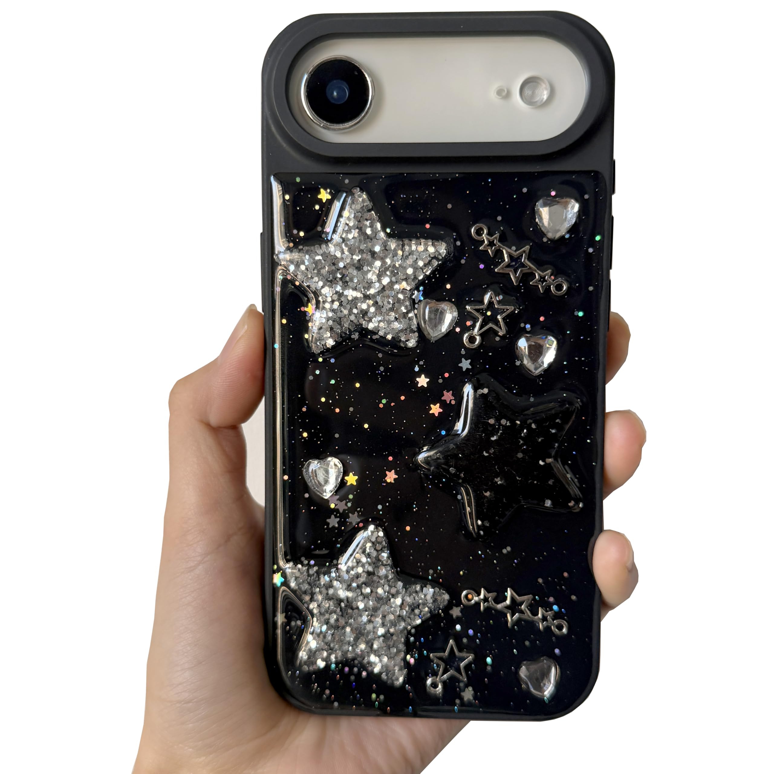 for iPhone 13 Case Bling Stars 3D Hearts Diamond Twinkle Star Glitter Y2K Spark Luxury Girly Aesthetic Personalized Design for Women Girls Teens TPU Case, 6.1", Black