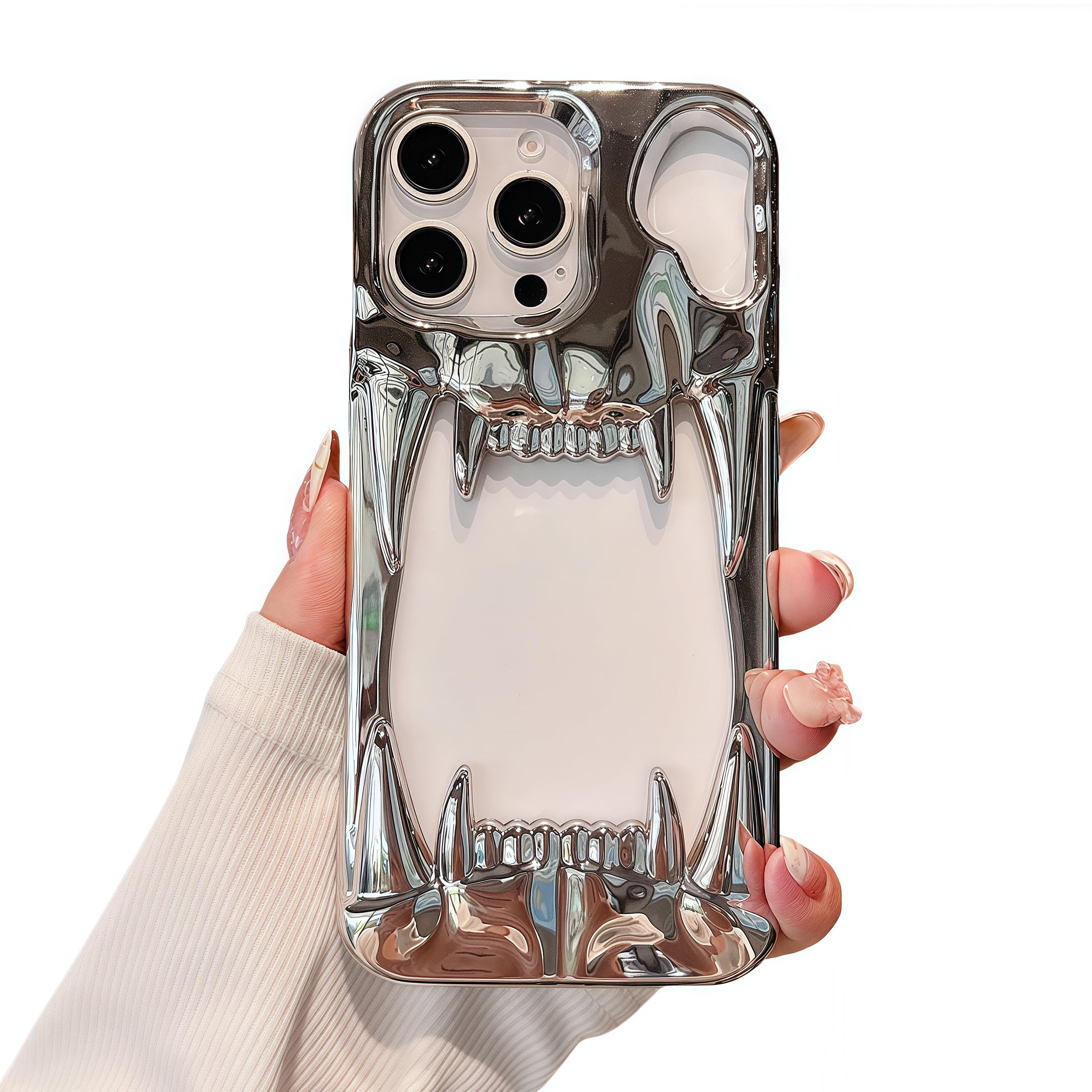 Gothic 3D Hollow Horror Devil Pattern Case for iPhone 16 Pro Max, [Luxury Chrome Color Plating] [Heat Dissipantion Thermal Design] Shockproof Bumper for Halloween- Silver
