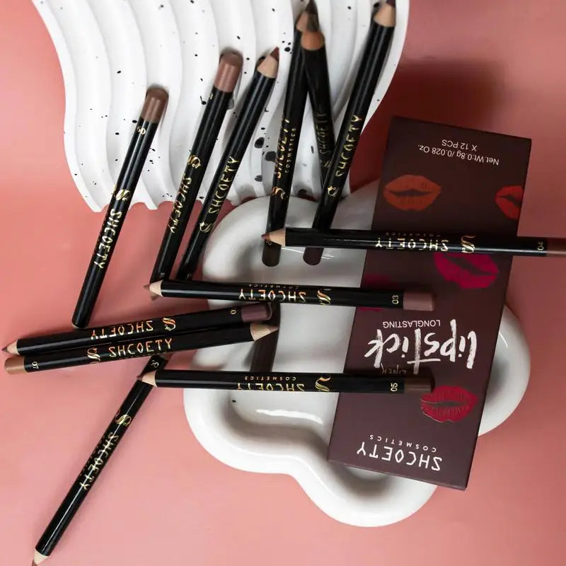 12pcs Lip Liner Pen 12 Colors Professional Lip Liner Pencil and Matte Lip Non-stick Cup Nude Lipstick Pencil SET