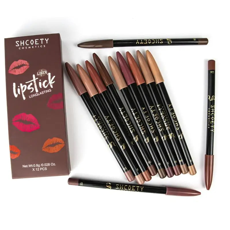 12pcs Lip Liner Pen 12 Colors Professional Lip Liner Pencil and Matte Lip Non-stick Cup Nude Lipstick Pencil SET
