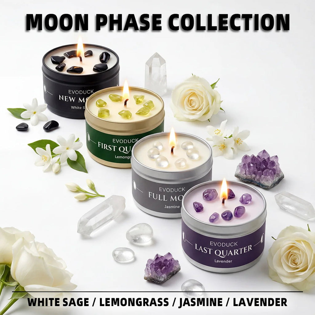1pc New Moon Scented Candles Crystal Energy Candles 3oz Soy Wax Scented Candle Black Tin with Black Crystal Chips gift for woman