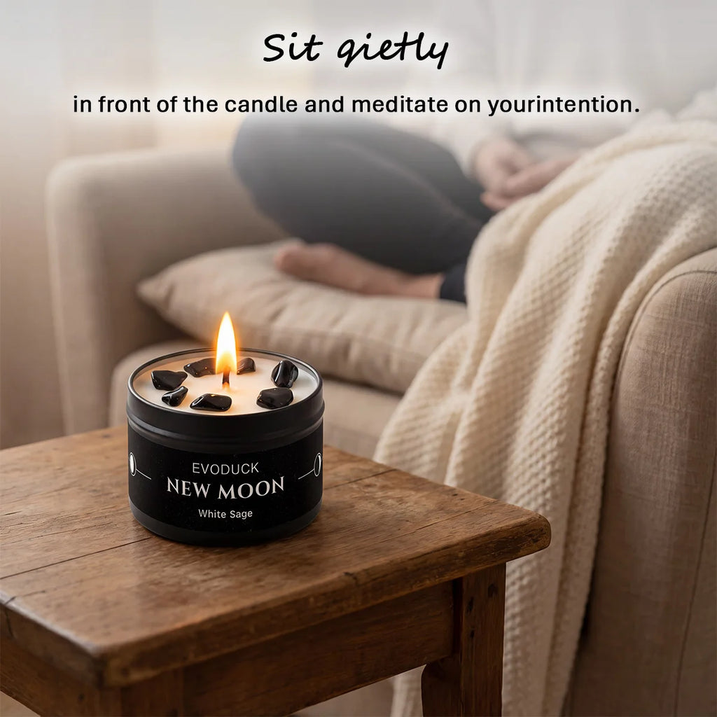 1pc New Moon Scented Candles Crystal Energy Candles 3oz Soy Wax Scented Candle Black Tin with Black Crystal Chips gift for woman