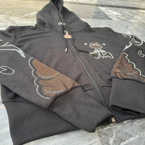 100% Cotton Men's Streetwear Zip-Up Hoodie Custom Black Rhinestone Embroidered Regular Fit Heavy Style Fleece Pocket