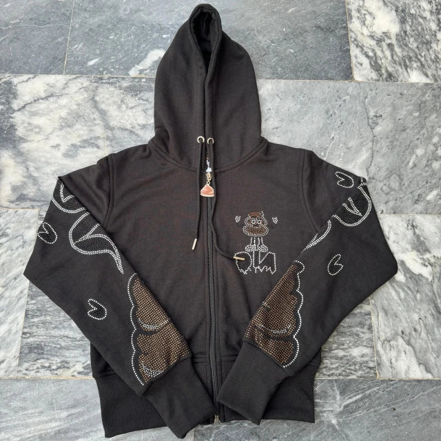 100% Cotton Men's Streetwear Zip-Up Hoodie Custom Black Rhinestone Embroidered Regular Fit Heavy Style Fleece Pocket