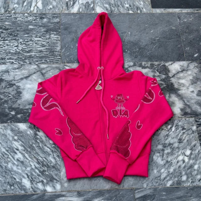 100% Cotton Men's Streetwear Zip-Up Hoodie Custom Black Rhinestone Embroidered Regular Fit Heavy Style Fleece Pocket