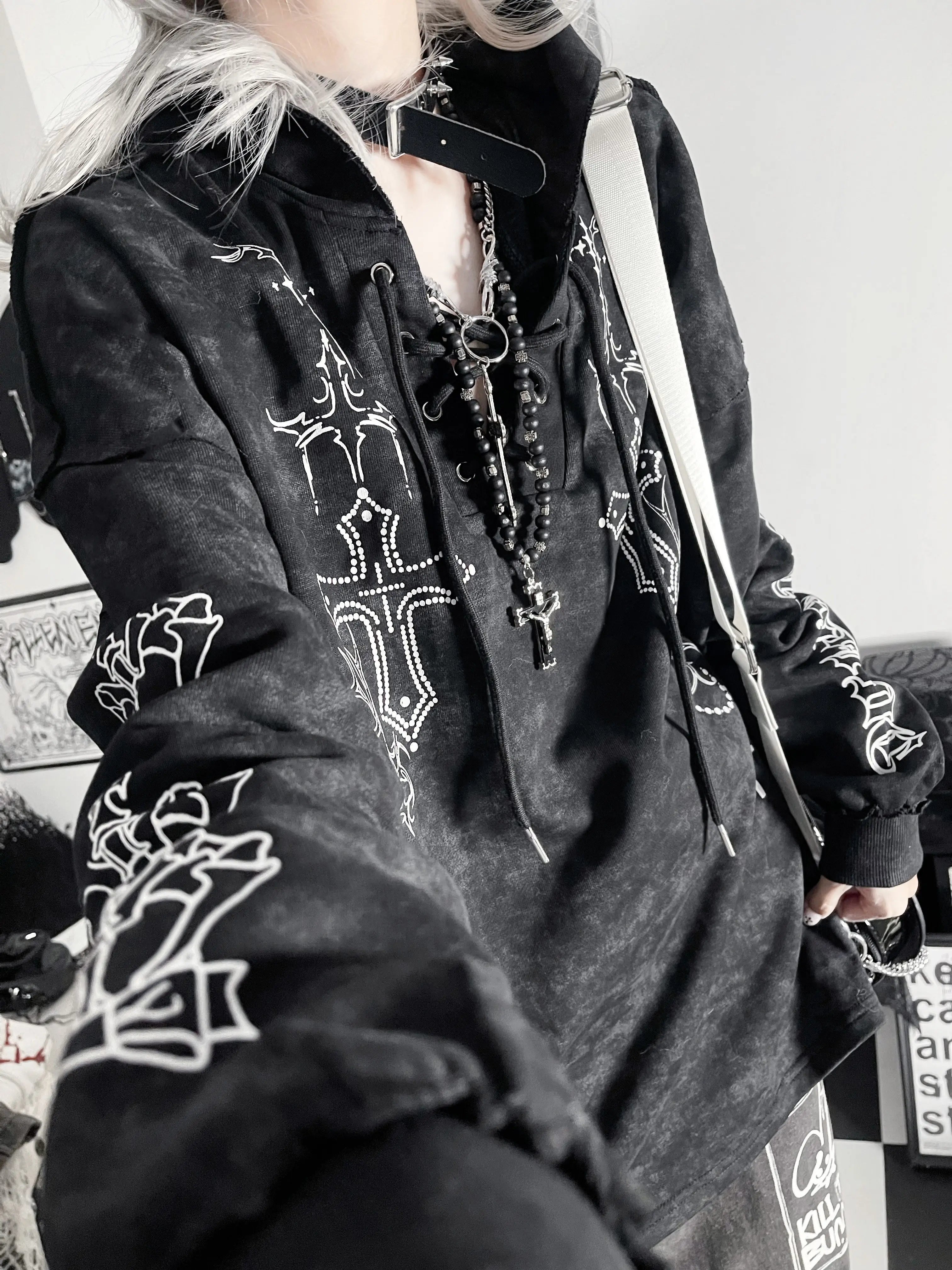 Women Gothic Oversized Hoodie, Cross Print Tie-Dye Dark Grunge Streetwear Sweatshirt