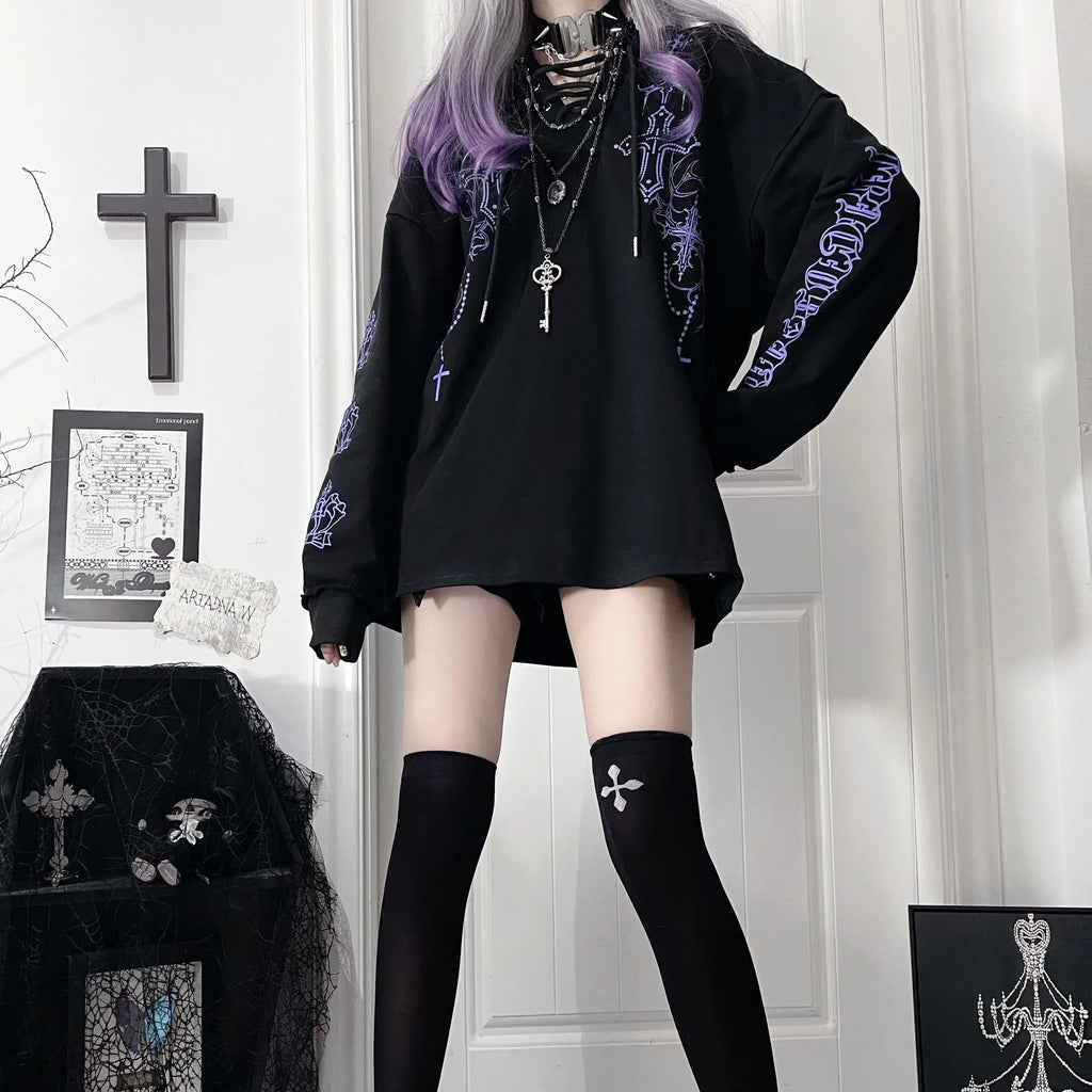 Women Gothic Oversized Hoodie, Cross Print Tie-Dye Dark Grunge Streetwear Sweatshirt