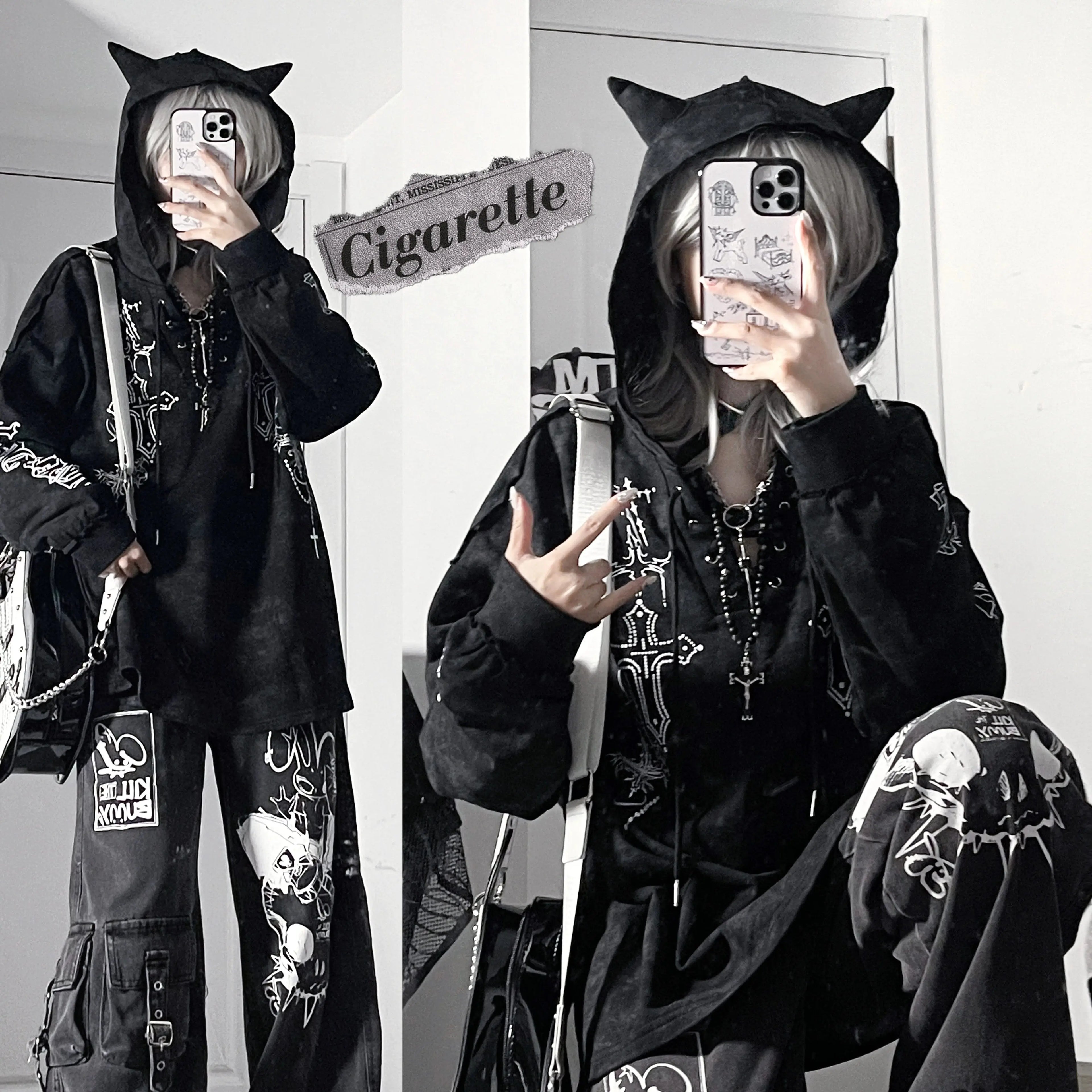 Women Gothic Oversized Hoodie, Cross Print Tie-Dye Dark Grunge Streetwear Sweatshirt