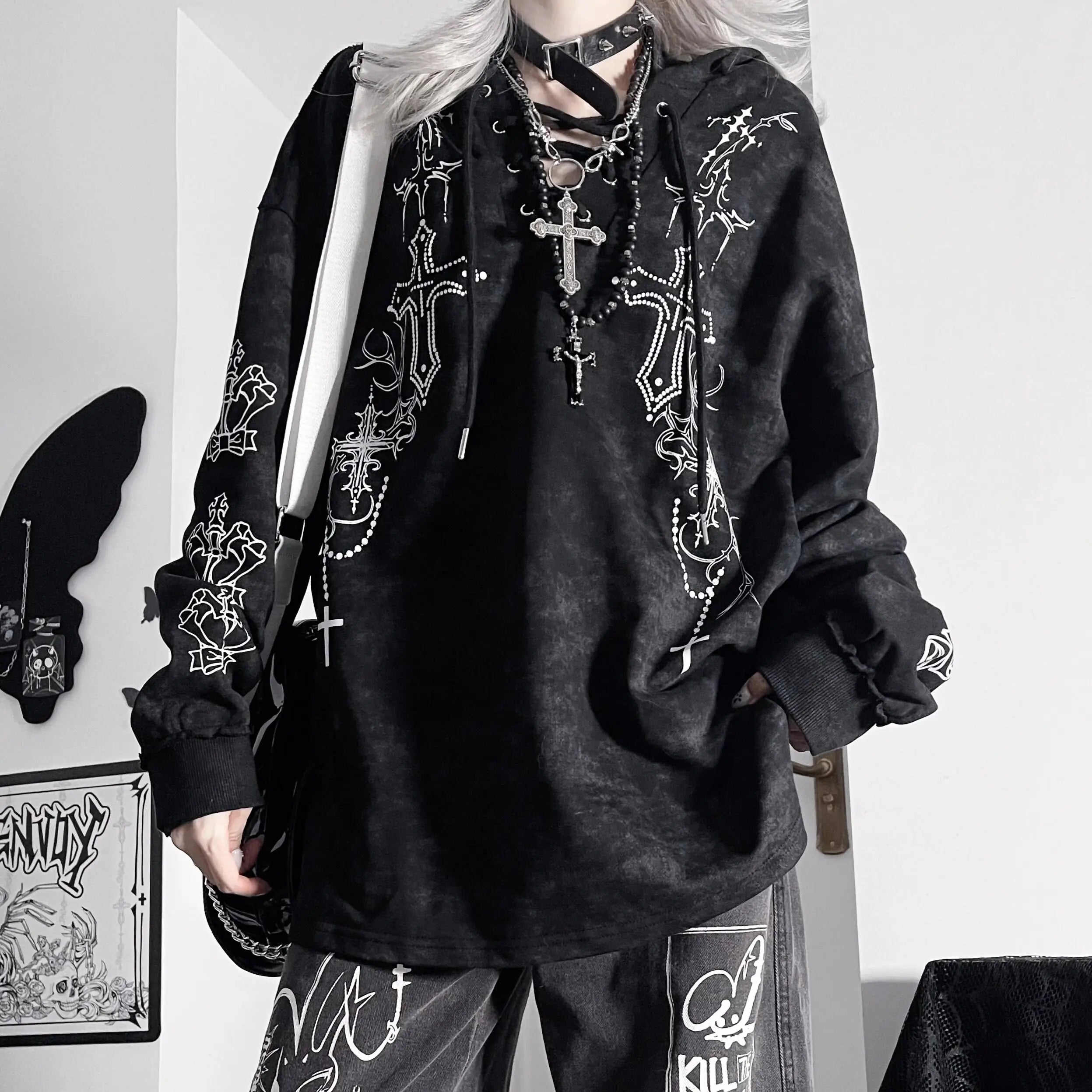 Women Gothic Oversized Hoodie, Cross Print Tie-Dye Dark Grunge Streetwear Sweatshirt