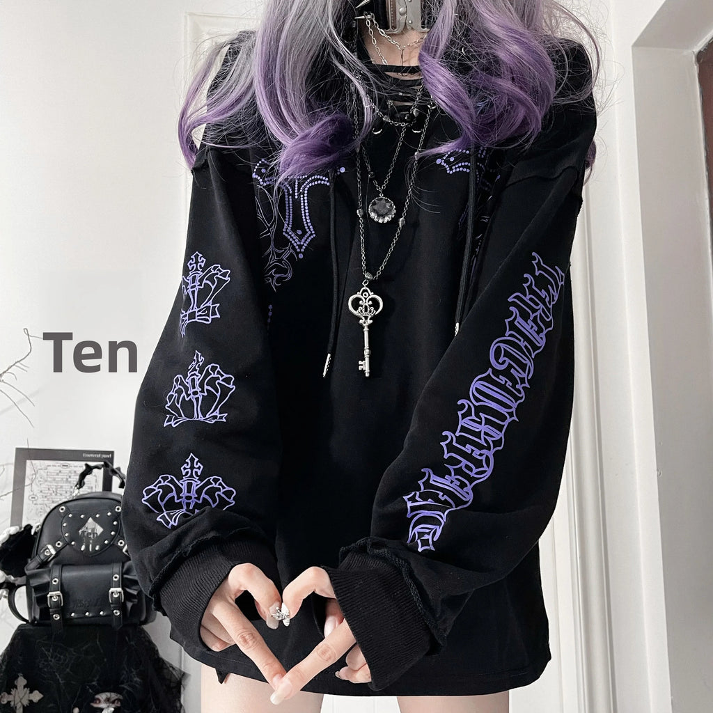 Women Gothic Oversized Hoodie, Cross Print Tie-Dye Dark Grunge Streetwear Sweatshirt
