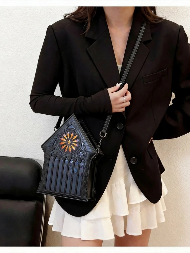 Niche Gothic Chapel Handbag for Women Unique Stained Glass Cathedral Tote Bag Bamboo Crossbody Bag for Dark Grunge Aesthetic