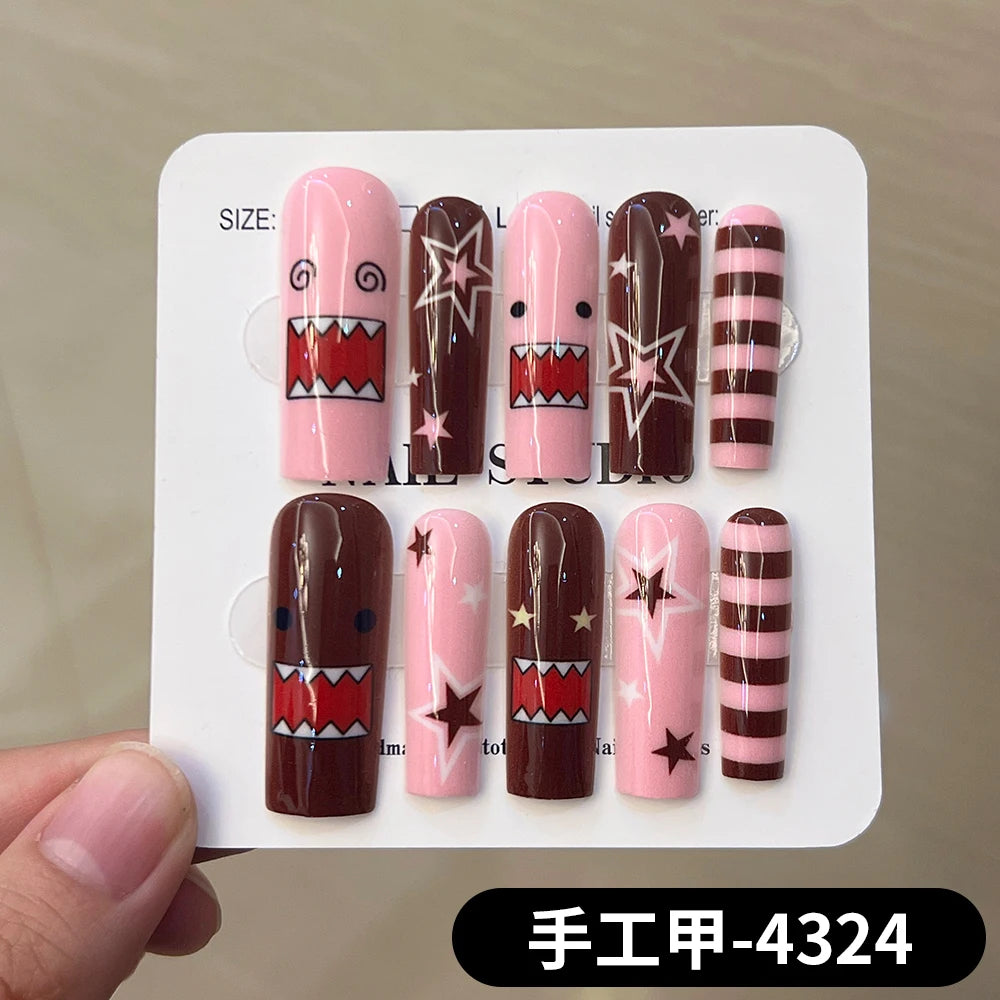 10Pcs/Set Handmade Y2K Long Square  White French press on nails，DoMo Star and Heart pattern Decoration
