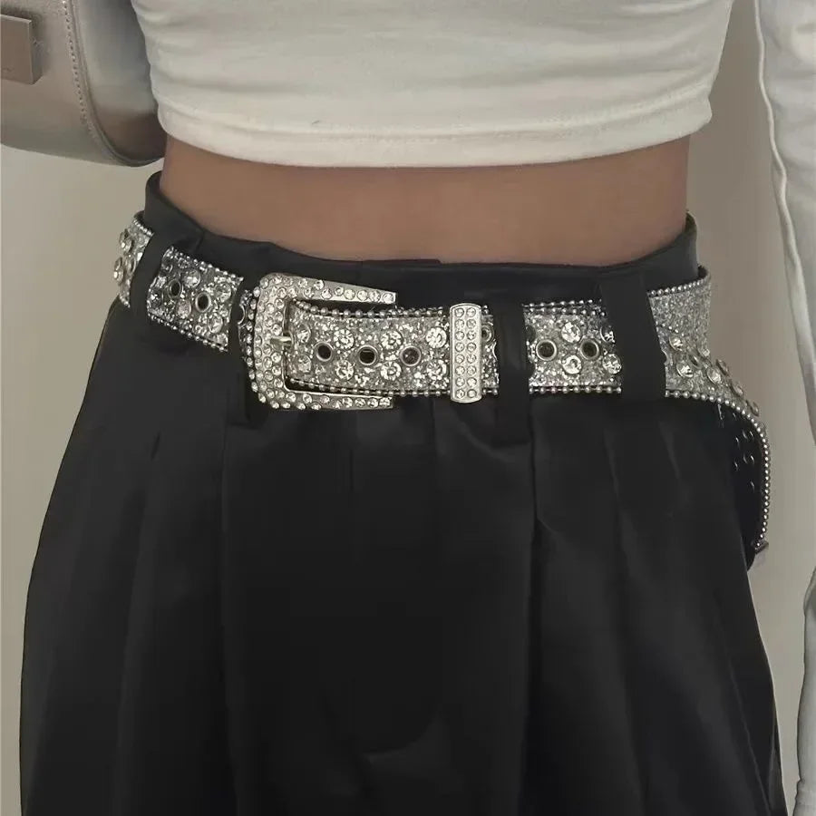 Y2K Fashion Punk Studded Full Rhinestone Belt PU Leather Bling Crystal Adjustable Glitter Waistband for Club Party Girls Gifts