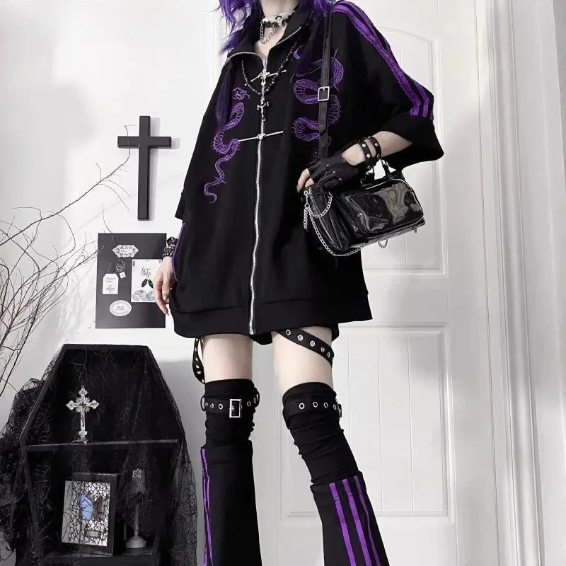 Y2K Harajuku Streetwear Hoodies Coat Women Print Zipper Short Sleeve Sweatshirts Casual Fashion Oversized Hoodie Punk Tops New