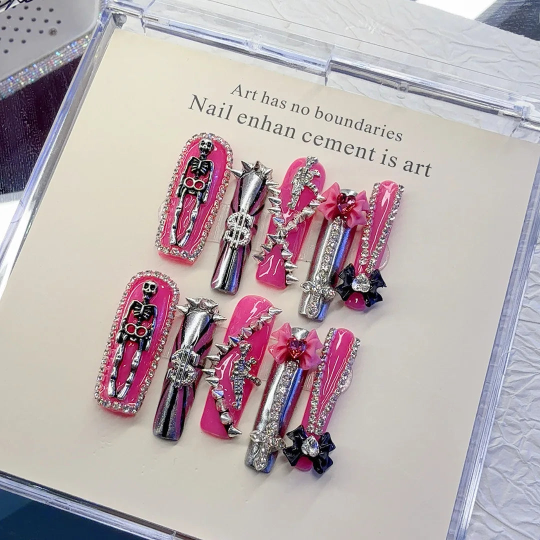 10pcs Handmade Gothic Punk Press on Nails Sweet Cool 3D Meatl Skull Fake Nails Wearable European Rhinestone Design False Nails