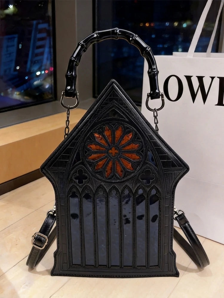Niche Gothic Chapel Handbag for Women Unique Stained Glass Cathedral Tote Bag Bamboo Crossbody Bag for Dark Grunge Aesthetic