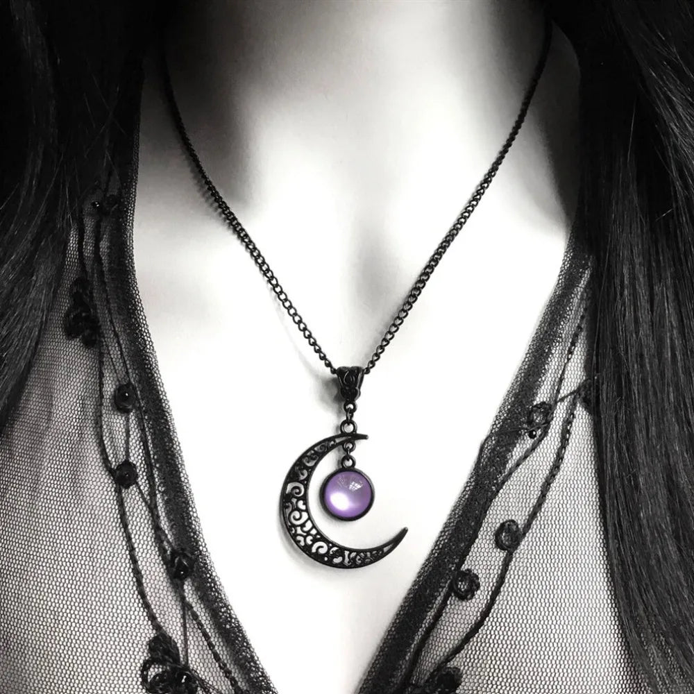 Women Gothic Black Moon Necklace Fashion Mystery Punk Witch Jewelry Accessorie Gift Vintage Hollow Colorful Stone Pendant Choker