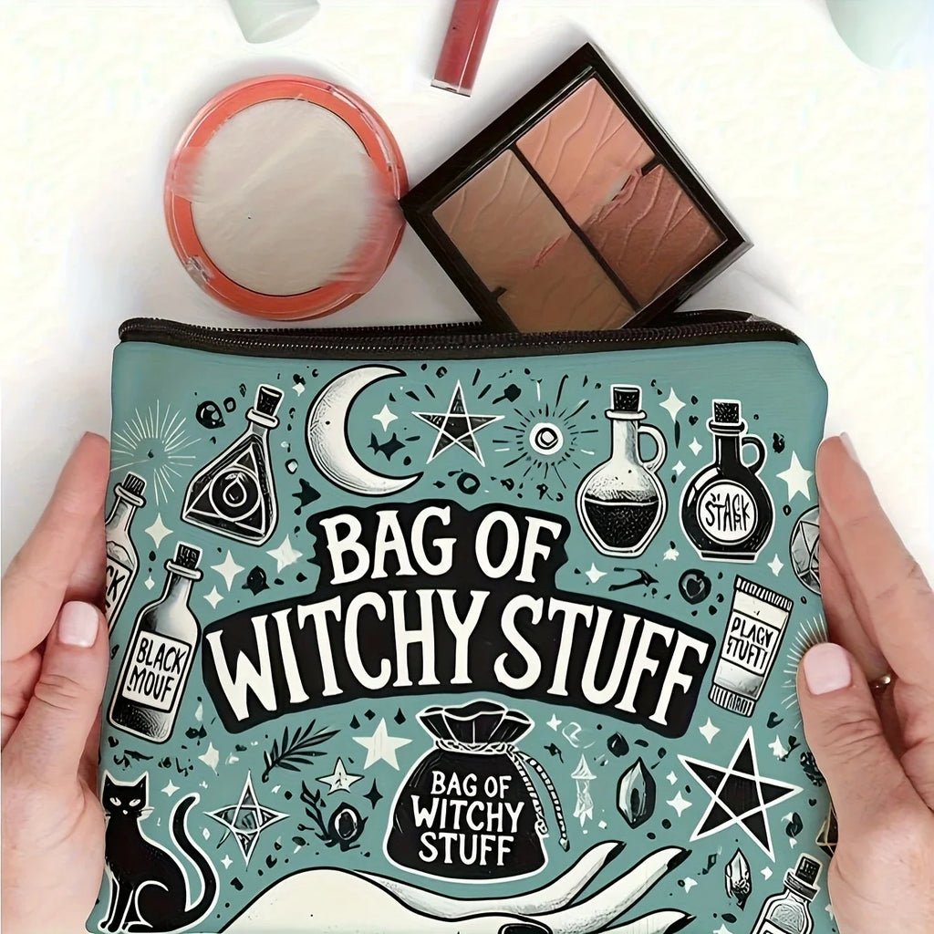 Mystical Witchy Makeup Bag Bohemian Mushroom Zipper Cosmetic Pouch Witch-Themed Printt Moon & StarsTravel Bag Halloween Gift