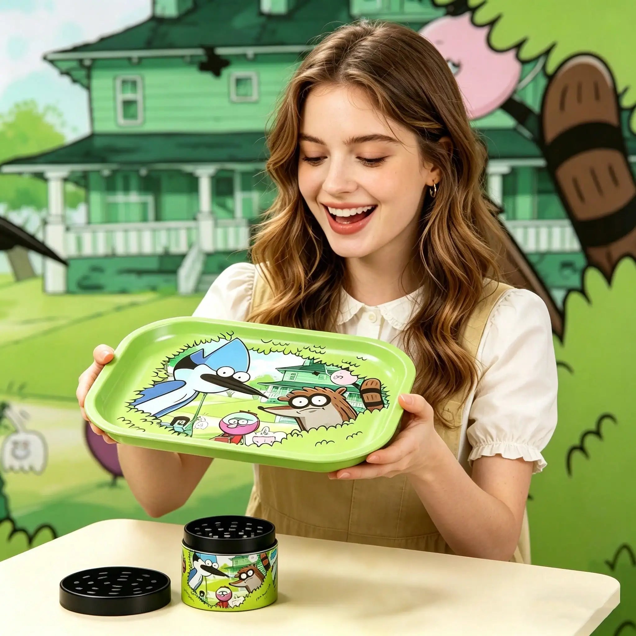 1/2 Pieces Cartoon Bird and Raccoon Metal Rolling Tray and Herb Grinder