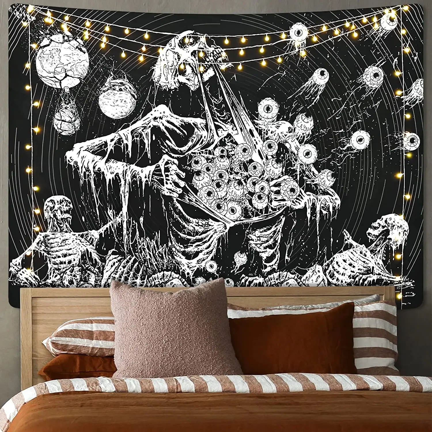 Gothic Skull Tapestry Black and White Skeleton Tapestry Wall Hanging for Bedroom Hippie Eyes Boho Home Decor Trippy Moon Cloth