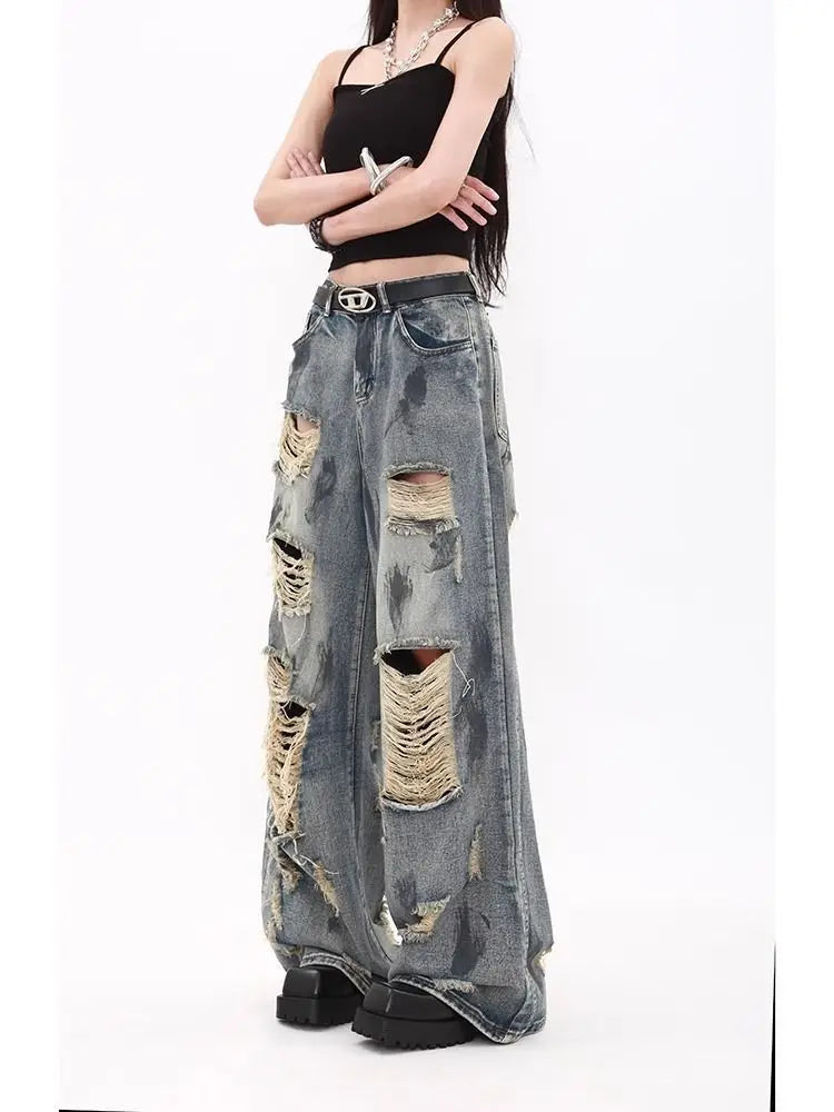 Oversize Blue Ripped Old Hot Girl Y2k American Retro High Waist Fashion Men And Women Hip Hop Straight Loose Wide Legs Jeans