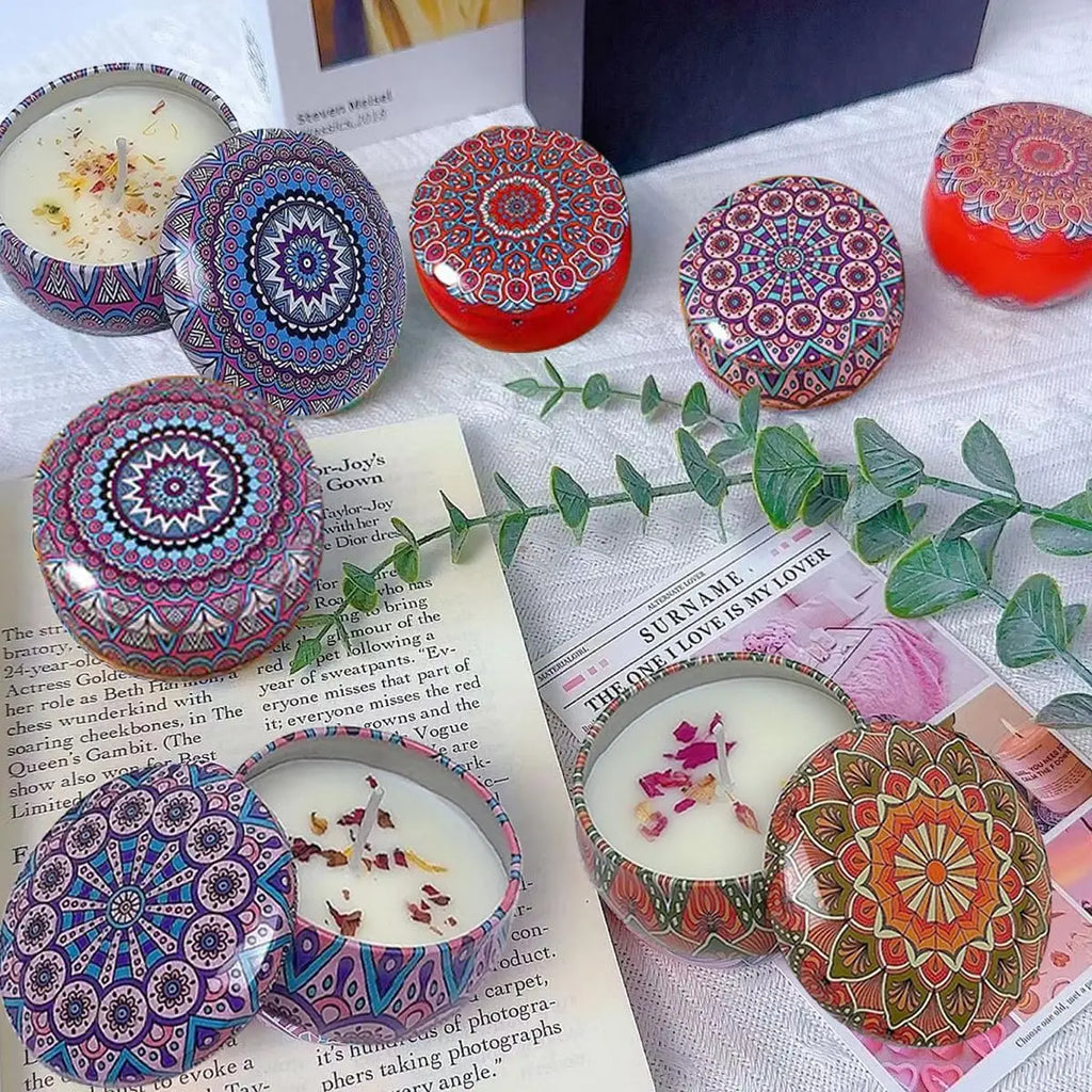 Small Mandala Scented Candle in Tin, 2.36in with Dried Flowers, for Home Decor, Relaxation & Gifting, 40-50H Burn Time